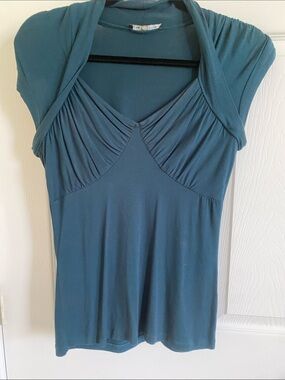 Cable & Gauge Teal V-Neck Ruched Short Sleeve Tunic